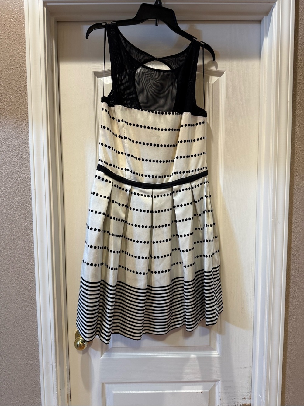 Taylor Black and White Polka Dot & Striped Mesh Yoke Cocktail Dress